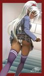  antenna_hair ass bag blazer border breasts dark_elf dark_skin elf from_behind from_below hair_ornament highres jacket kneepits long_hair looking_at_viewer looking_back medium_breasts ookuma_(nitroplus) orange_eyes panties pantyshot parted_lips plaid plaid_skirt pointy_ears ponytail purple_legwear sansei_muramasa school_bag school_uniform signature silver_hair skirt solo soukou_akki_muramasa stairs thighhighs trefoil underwear upskirt white_hair white_panties windowboxed yellow_eyes 