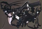 absurdres black_gold_saw black_rock_shooter black_rock_shooter_(character) blue_eyes blue_hair boots dead_master glowing glowing_eye highres horns huke king_saw long_hair midriff multiple_girls navel scar shorts strength_(black_rock_shooter) sword twintails weapon white_hair 