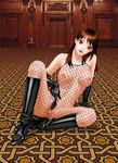  bodystocking boots breasts brown_eyes brown_hair censored fishnets highres large_breasts navel nipples no_bra no_panties original pubic_hair pussy solo yui_toshiki 