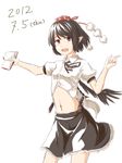  belt black_hair dated dress_shirt hat kawashina_(momen_silicon) looking_at_viewer midriff navel neck_ribbon note notebook open_clothes open_mouth open_shirt pointing pointy_ears pom_pom_(clothes) red_eyes ribbon shameimaru_aya shirt short_hair simple_background skirt smile solo tokin_hat touhou white_background wings 