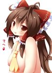  :p bad_id bad_pixiv_id beni_shake blush breasts brown_hair commentary_request hair_tubes hakurei_reimu large_breasts long_hair loose_necktie naked_necktie necktie nipples red_eyes simple_background solo tongue tongue_out topless touhou translated white_background 
