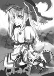  bare_shoulders breasts choker copyright_request detached_sleeves dress facial_tattoo greyscale hat jewelry kneeling long_hair medium_breasts monochrome necklace pentagram sayamai_miyabi side_slit smile solo tattoo thighhighs witch_hat 