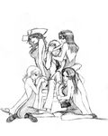  4girls alvida backless_outfit bare_shoulders black_hair boa_hancock crossed_legs dress formal greyscale harem hat k2shh long_hair monkey_d_luffy monochrome multiple_girls nami_(one_piece) nico_robin one_piece pimp scar sitting straw_hat suit wariza 