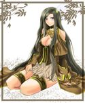  bare_shoulders black_hair blue_eyes bodice breasts cleavage cleavage_cutout detached_sleeves feathers hair_feathers harlem_heart highres large_breasts long_hair original sayamai_miyabi seiza sitting smile solo thigh_strap very_long_hair 