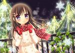  aino_osaru blue_eyes blush brown_hair capelet christmas_tree gloves hair_ornament hairclip leaf long_hair original plaid plaid_scarf scarf smile snowflakes snowing solo 