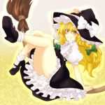  akasata bad_id bad_pixiv_id blonde_hair bow broom frills grin hair_bow hat hat_bow kirisame_marisa long_hair mary_janes puffy_sleeves shoes short_sleeves smile solo sparkle touhou white_bow witch_hat yellow_eyes 