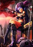  armlet blue_hair breasts cape coin crossed_legs crown dagger gauntlets hat high_heels highres holysnow large_breasts long_hair original pirate pirate_hat red_eyes shoes sitting skull sword treasure treasure_chest weapon 