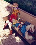  1girl bag belt bench blue_eyes chrono_trigger closed_eyes couple crono dappled_sunlight glasses hand_in_hair hat headband headset hetero highres holding_hands infinote lucca_ashtear lying on_back purple_hair red_hair scarf shade short_hair sitting spiked_hair sunlight 