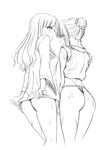  artoria_pendragon_(all) ass blush breasts caren_hortensia embarrassed fate/hollow_ataraxia fate/stay_night fate_(series) fundoshi greyscale hair_bun hair_up japanese_clothes k2shh lineart long_hair medium_breasts monochrome multiple_girls no_pants saber shirt_tug sleeveless sweat yamakasa 