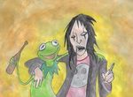  alice_cooper amphibian beer beverage black_hair cigarette color face_paint frog hair human jared_von_hindman kermit_the_frog mammal 