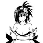  bangs bare_shoulders breasts cleavage copyright_request detached_sleeves frills greyscale hairband large_breasts monochrome obi ponytail sash sayamai_miyabi simple_background solo white_background 
