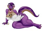  big_breasts breasts cute dinosaur female fossil happy happy_face huge_breasts joyful looking_at_viewer pose purple purple_scales scalie solo toes tongue tyra_reckks tyrannosaurus_rex 