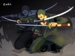 1boy boots character_name closed_eye dual_persona dual_wielding earrings fighting_stance full_body green_hair haramaki jewelry looking_at_viewer male male_focus male_only mouth_hold multiple_persona one-eyed one_piece open_clothes open_shirt robe roronoa_zoro scar shirt simple_background solo squatting sword t-shirt triple_wielding weapon wink zoom_layer 