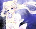  back_bow bad_id bad_pixiv_id bead_bracelet beads bishoujo_senshi_sailor_moon blue_background blue_eyes bow bracelet crystal double_bun floating_hair jewelry long_hair maboroshi_no_ginzuishou okrboooom pearl princess_serenity puffy_sleeves silver_hair smile solo tsukino_usagi twintails upper_body white white_hair 