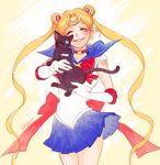  artist_name back_bow bishoujo_senshi_sailor_moon black_cat blue_sailor_collar blue_skirt bow cat choker closed_eyes elbow_gloves gloves happy holding long_hair luna_(sailor_moon) red_bow red_choker ribbon sailor_collar sailor_moon sailor_senshi_uniform shabomu skirt smile tiara tsukino_usagi twintails white_gloves 