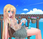  1girl ahoge blonde_hair blue_eyes bottle breasts flower hairy_pussy highres hot long_hair nipples no_bra no_panties nureshungiku ocean open_mouth original outdoors pubic_hair see-through sitting skirt solo sweat sweat_stain tongue tongue_out very_long_hair water wet 