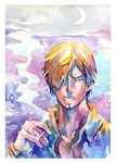  1boy blonde_hair blue cigarette collared_shirt crescent_moon facial_hair hair_over_one_eye lornet male male_focus male_only moon one_piece open_collar sanji shirt smoking solo timeskip watercolor_media white_shirt 