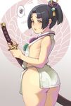  ass bad_id bad_pixiv_id black_hair bottomless brown_eyes hair_ornament japanese_clothes kimono lips male_focus maou_alba mori_ranmaru_(sengoku_musou) otoko_no_ko ponytail sengoku_musou sengoku_musou_2 sheath sheathed short_hair short_ponytail solo squiggle sword thick_thighs thighs weapon 