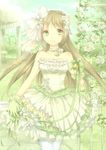  bare_shoulders bow brown_hair dress flower gazebo gloves green_eyes hair_bow hair_flower hair_ornament hair_ribbon hideo_(deko) long_hair looking_at_viewer original pantyhose ribbon solo strapless strapless_dress white_legwear 