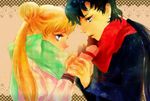  1girl bad_id bad_pixiv_id bishoujo_senshi_sailor_moon black_hair blonde_hair box covering_mouth face gift hair_bun heart heart-shaped_box highres holding_hands lace_background long_hair ponytail profile scarf seiya_kou shoku_pan shy touching tsukino_usagi valentine 