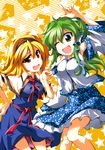  alice_margatroid blonde_hair capelet detached_sleeves frog green_eyes green_hair hair_ornament hair_tubes hairband kochiya_sanae kurinton long_hair multiple_girls one_eye_closed open_mouth red_eyes sash short_hair short_sleeves star touhou wide_sleeves 