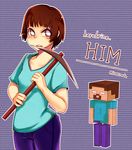  at2. brown_hair copyright_name denim genderswap genderswap_(mtf) herobrine highres jeans minecraft pants personification pickaxe short_hair solo 