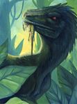  dinosaur eating hibbary jungle jungles leaf micro raptor red_eyes scalie solo 