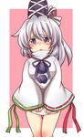  blush bottomless covering covering_crotch hat highres japanese_clothes kariginu long_sleeves mononobe_no_futo no_pants pom_pom_(clothes) ribbon short_hair silver_eyes silver_hair solo tate_eboshi tears touhou turtleneck wide_sleeves yzb-030 