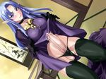  1girl bangs black_gloves black_legwear black_panties blue_eyes blue_hair blush braid breasts caster choker clenched_teeth cum dress dress_lift dutch_angle elf embarrassed fate/stay_night fate_(series) futanari gloves indoors kneeling large_breasts lipstick long_hair makeup navel panties parted_bangs penis pointy_ears precum side_braid skirt skirt_lift solo splush_wave tatami teeth testicles thighhighs thighs underwear 