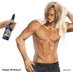  1boy abs arisue_kanako birthday blonde_hair bottle cigarette dripping facial_hair hair_over_one_eye male male_focus male_only mouth_hold muscle one_piece sanji simple_background solo topless towel unzipped wet white_background 