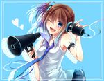  ;d blue_background blue_hair blush brown_hair heart holding megaphone nasuko necktie one_eye_closed open_mouth original side_ponytail skirt smile solo string_phone 