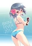  2012 :o bikini blush english flower hair_flower hair_ornament hibiscus holding multicolored multicolored_eyes open_mouth original red_eyes sea_cucumber short_hair silver_hair solo sweatdrop swimsuit v-shaped_eyebrows wet zpolice 