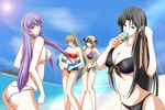  beach bikini black_bikini black_eyes black_hair blonde_hair breasts brown_hair cleavage closed_eyes cloud collarbone crane_yuzuriha day food green_eyes grin hand_in_hair highres holding ice_cream large_breasts long_hair marishiten multiple_girls navel ocean outdoors pandora_(saint_seiya) ponytail purple_bikini purple_hair red_bikini saint_seiya saint_seiya:_the_lost_canvas sasha_(saint_seiya:_the_lost_canvas) side-tie_bikini sideboob sky smile strapless strapless_bikini sun swimsuit tongue tongue_out underboob white_bikini 