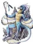 abs archaeopteryx avian blue blue_feathers claws dinosaur dreamcatcher feather feather_hair feathers front hibbary loincloth magic male oracle plain_background polearm raptor rock scalie sitting solo staff stick talons throne toe_claws topless white_background winged_arms yellow_eyes 