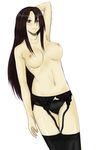  arm_up black_legwear black_panties blush breasts brown_hair garter_belt grey_eyes large_breasts long_hair navel nipples original panties sayamai_miyabi simple_background smile solo thighhighs topless underwear underwear_only very_long_hair white_background 