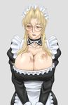  alternate_costume apron balalaika_(black_lagoon) bespectacled black_lagoon blush breast_squeeze breasts cleavage cosplay covered_nipples detached_collar enmaided glasses huge_breasts lipstick long_hair maid maid_headdress makeup mole mole_under_eye paya_(paya19891115) roberta_(black_lagoon) roberta_(black_lagoon)_(cosplay) round_eyewear scar solo sweatdrop v_arms 