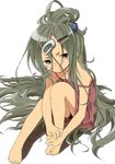  barefoot brown_eyes feet frown grey_hair hair_ornament hairclip hands_on_feet long_hair messy_hair off_shoulder oguro_(moyashi_2-hon) original solo very_long_hair 