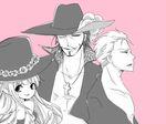  1girl 2boys bare_shoulders braid braids color_background dracule_mihawk facial_hair female hat jewelry kuraigana_island male monochrome multiple_boys muscle mustache necklace one_piece open_clothes open_shirt perona roronoa_zoro shichibukai shirt simple_background smile top_hat wink 