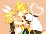  1girl blonde_hair blush bow brother_and_sister covering_mouth detached_sleeves hair_bow hair_ornament hairclip hand_over_another's_mouth headphones heart kagamine_len kagamine_rin profile sailor_collar short_hair siblings striped striped_background twins vocaloid yukkii 
