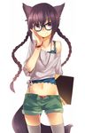  akr_et animal_ears bangs bracelet braid breasts cleavage collarbone glasses groin jewelry light_smile long_hair midriff navel necklace notebook off_shoulder open_fly original purple_eyes purple_hair short_shorts shorts simple_background small_breasts solo tail thighhighs unzipped very_long_hair 