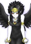  angry armband black_hair bracelet breasts dress fabled_grimro feathers fists green_eyes large_breasts necklace red_sclera tiara wings yu-gi-oh! 