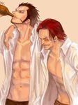  2boys abs amputee animal_eyes arisue_kanako black_hair bottle dracule_mihawk drinking facial_hair leaning male male_focus male_only multiple_boys muscle mustache one_piece open_clothes open_shirt red_hair scar shanks shichibukai shirt simple_background smile white_background white_shirt yellow_eyes 