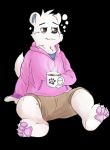  4_fingers 4_toes anthro brown_eyes clothing cup ferret fur hoodie male mammal mustelid pawpads sharkall shorts simple_background solo steam tired toes undershirt white_fur 