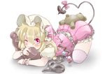  bad_id bad_pixiv_id biting blonde_hair blush child flandre_scarlet hat hat_ribbon highres laevatein lying on_stomach one_eye_closed pointy_ears red_eyes ribbon short_hair shunsuke side_ponytail simple_background solo stuffed_animal stuffed_toy teddy_bear top-down_bottom-up touhou white_background wings wrist_cuffs 