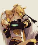  1girl blonde_hair blush bow brother_and_sister closed_eyes detached_sleeves hair_bow hair_ornament hairclip hetero holding_hands incest interlocked_fingers kagamine_len kagamine_rin kiss midriff navel short_hair siblings twincest twins vocaloid yukkii 