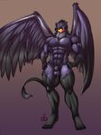  anthro avian balls beak biceps bird blue_eyes feathers flaccid fur gryphon jaeh looking_at_viewer male muscles nude pecs penis pose purple_fur sheath solo toned wings 