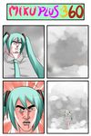  4koma bird_costume catstudioinc_(punepuni) comic green_eyes green_hair hair_ribbon hatsune_miku highres ia_(vocaloid) long_hair manly multiple_girls necktie open_mouth parody ribbon shirt silent_comic skirt surprised terminator twintails vocaloid 