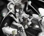  armband belly belly_button black_hair bracelet breasts chair chibi cleavage corset demon demons dress duel_monster emblem fabled_grimro green_eyes hair_ornament jewelry large_breasts navel necklace pale_skin pipe pixiv_thumbnail ponytail resized sitting skull skulls tiara wings yu-gi-oh! 