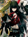  black_gold_saw black_hair black_rock_shooter blonde_hair chariot_(black_rock_shooter) checkered claws crown horns huke long_hair mechanical_arms mechanical_legs multiple_girls red_eyes shield strength_(black_rock_shooter) tail yellow_eyes 