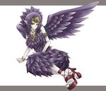  armband black_hair bracelet dress emblem fabled_grimro feathers green_eyes high_heels leaning necklace sitting tiara wings yu-gi-oh! 